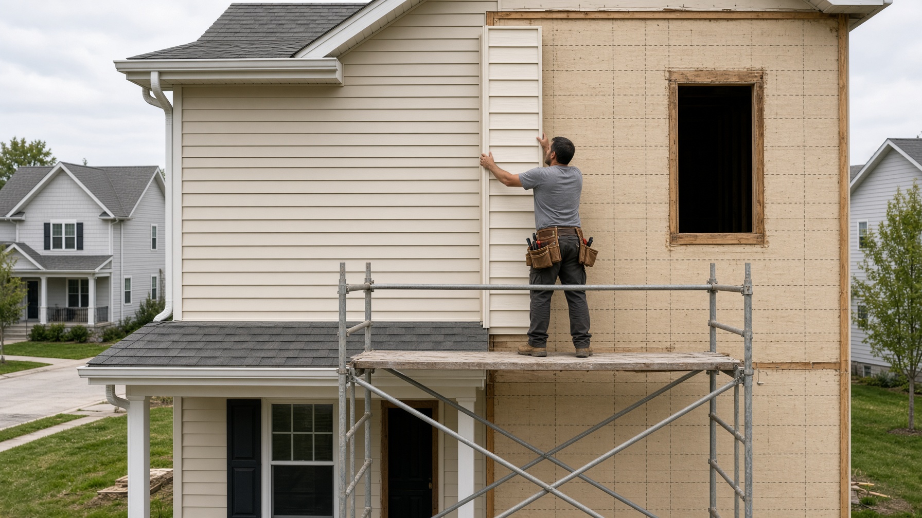 Installer fitting vinyl siding on a two-story house